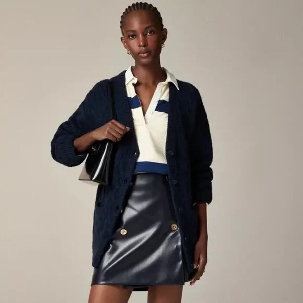 J.Crew Relaxed Cable knit Cardigan Merino Blend Sweater Navy Size L-XL NWT